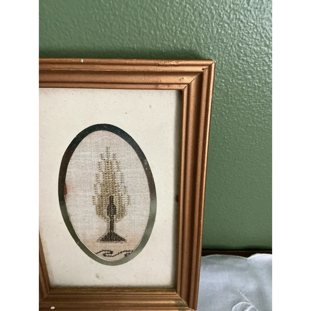 Vintage Framed Cross Stitch Embroidery Tree Candle Folk Art Gold Frame‎ Signed